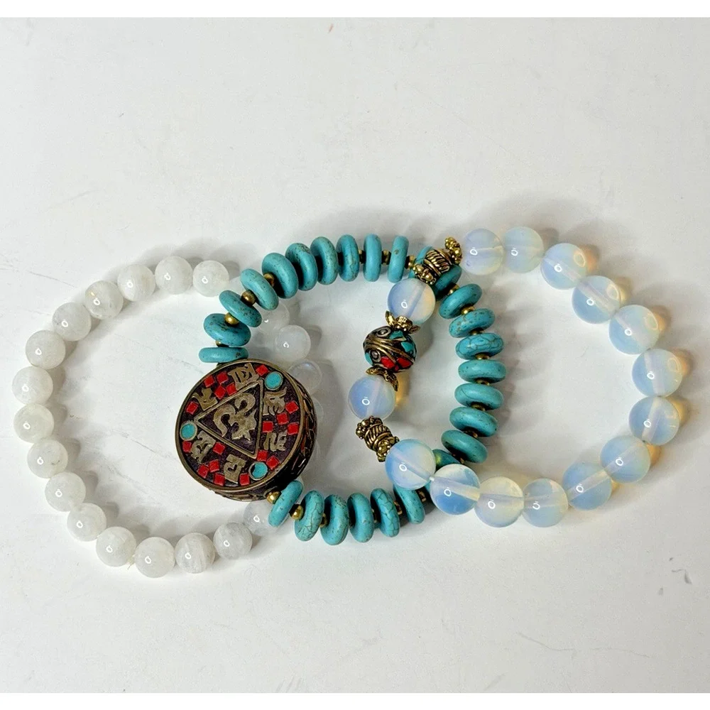 Nepalese Tibetan-Style Buddhist Om Pendant Turquoise Opalite Beaded Bracelet Set